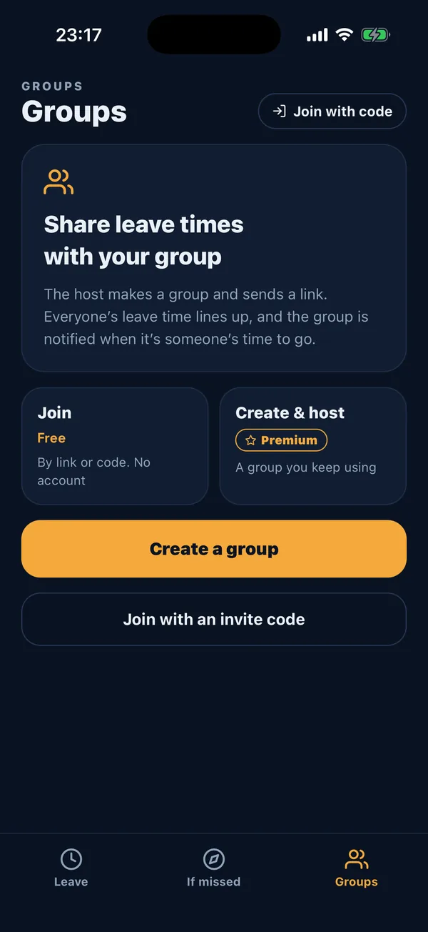 The groups screen